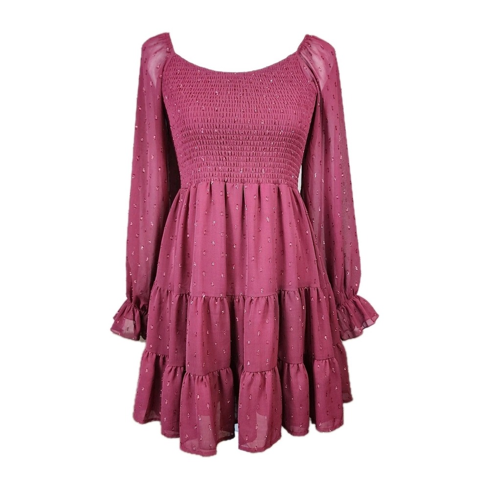 Altar'd State Mini Dress Women XS Maroon Burgundy Swiss Dot Tiered Smocked Sheer